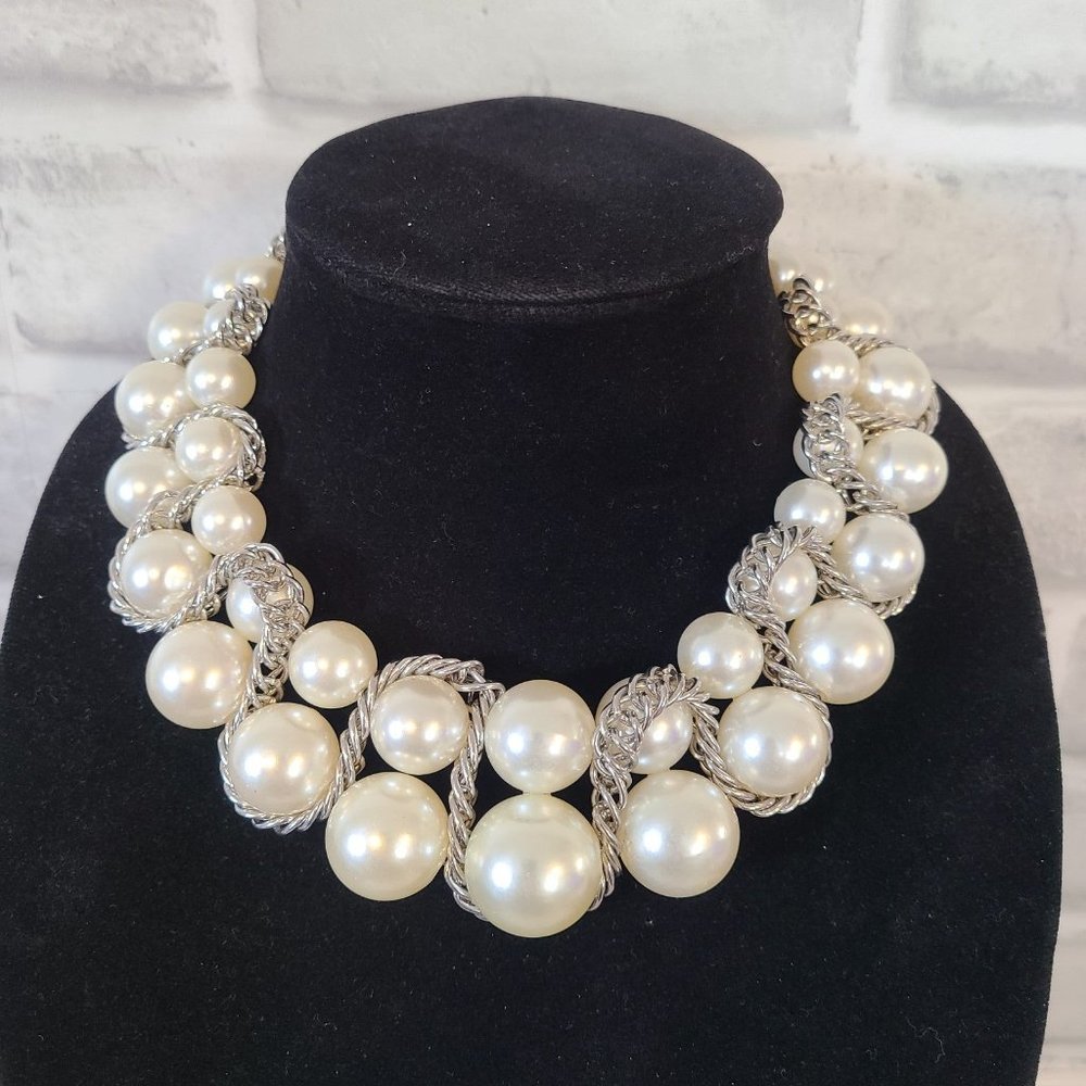 Vintage Statement Collar Necklace Graduated Faux Pearls Silver Chain Weave - Picture 1 of 12